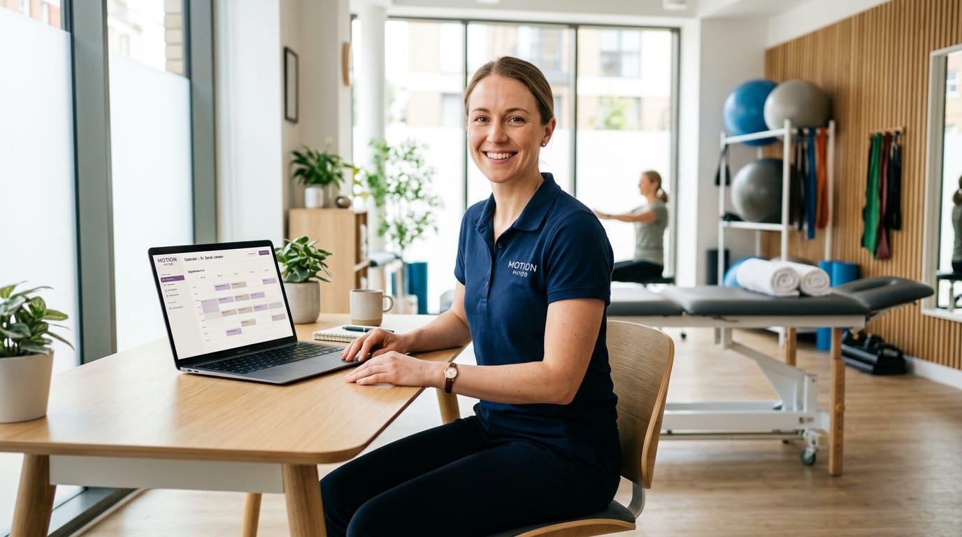 Modern physiotherapy clinic consultation room with therapist laptop running HalloKate