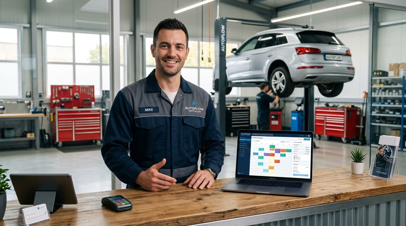 Officina meccanica con laptop per la gestione delle prenotazioni online con HalloKate