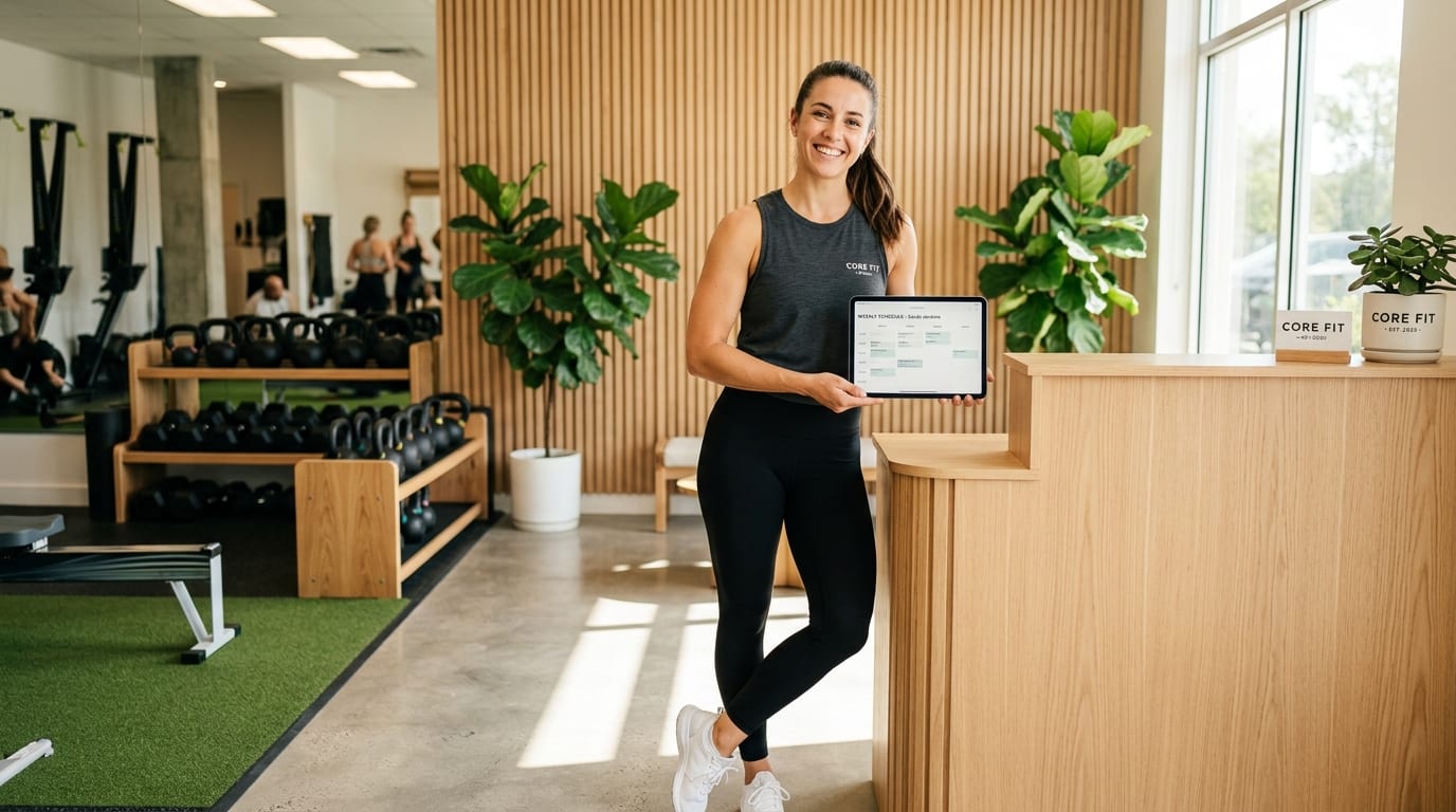 Personal Trainer im Fitness-Studio mit Tablet für Terminbuchungen mit HalloKate