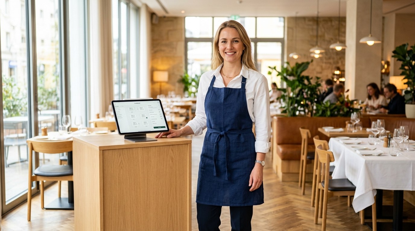 Friendly restaurant manager with table reservation tablet at contemporary bistro