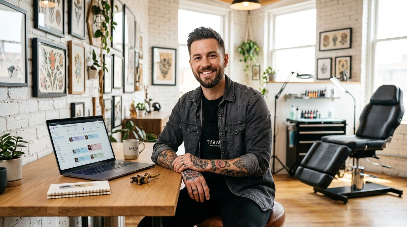 Tattoo-Studio Arbeitsplatz mit Künstler und Anzahlungs-Terminbuchung mit HalloKate